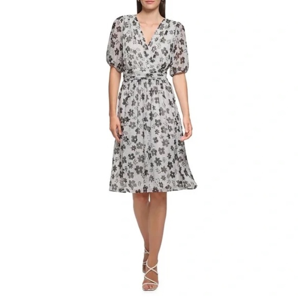 Karl Lagerfeld Paris Floral Dotted Knee Length Dress in Black/White